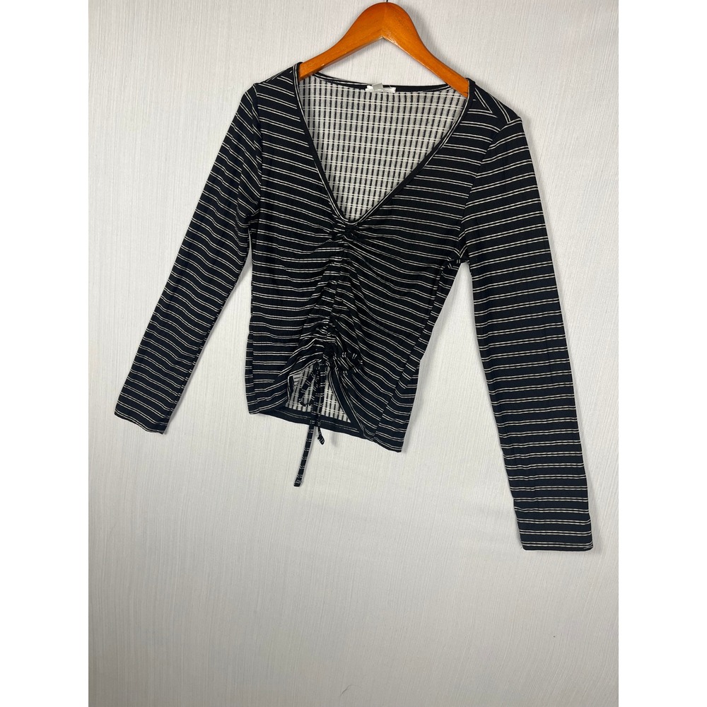 Orange Kiss Womens L Black White Stripe‎ Ruched Front V-Neck Y2K Aesthetic